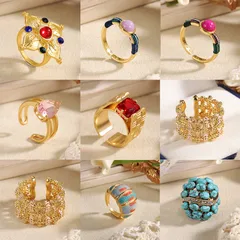 Round Copper Alloy Ring For Women, 18K Real Gold Plated With 0.03µm-0.05µm Thickness Featuring Natural Stone Inlay, 1 Piece
