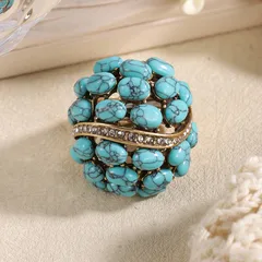 Round Copper Alloy Ring For Women, 18K Real Gold Plated With 0.03µm-0.05µm Thickness Featuring Natural Stone Inlay, 1 Piece 2