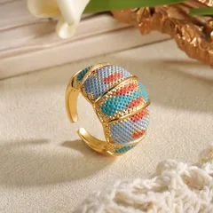 Round Copper Alloy Ring For Women, 18K Real Gold Plated With 0.03µm-0.05µm Thickness Featuring Natural Stone Inlay, 1 Piece 3