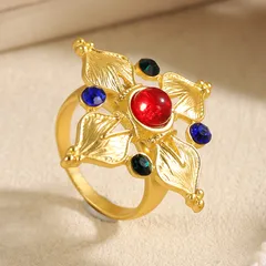 Round Copper Alloy Ring For Women, 18K Real Gold Plated With 0.03µm-0.05µm Thickness Featuring Natural Stone Inlay, 1 Piece 4