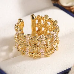 Round Copper Alloy Ring For Women, 18K Real Gold Plated With 0.03µm-0.05µm Thickness Featuring Natural Stone Inlay, 1 Piece 5