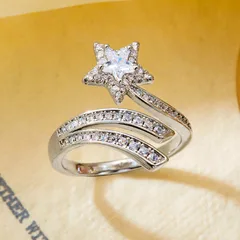 Women’s Star Open Ring With Bezel Setting, White K Plated Copper Alloy Featuring Zircon Inlay And Water Plating 2