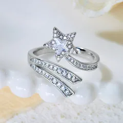 Women’s Star Open Ring With Bezel Setting, White K Plated Copper Alloy Featuring Zircon Inlay And Water Plating 4