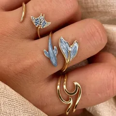 Fish For Women Zinc Alloy Rings Featuring Asymmetrical Design With KC Golden Plated Finish And Rhinestone Inlay