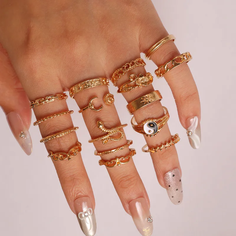 Yin Yang Ring Set For Women In Retro Style, Gold Electroplated Alloy, 1 Set 5