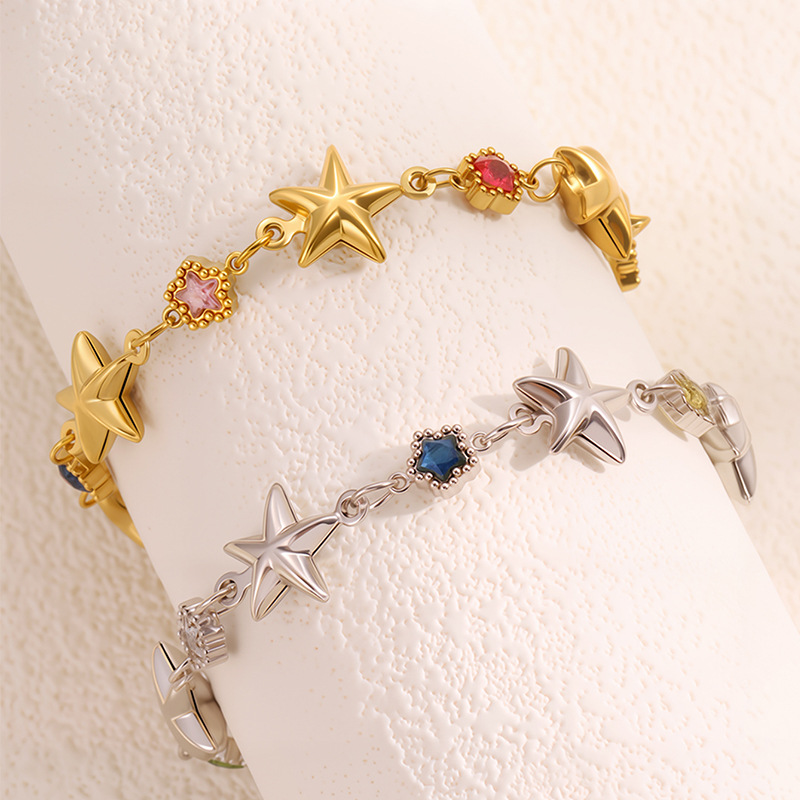 Pentagram Bracelet For Women In 304 Stainless Steel With 18K Real Gold Electroplated Finish And Zircon Inlay
