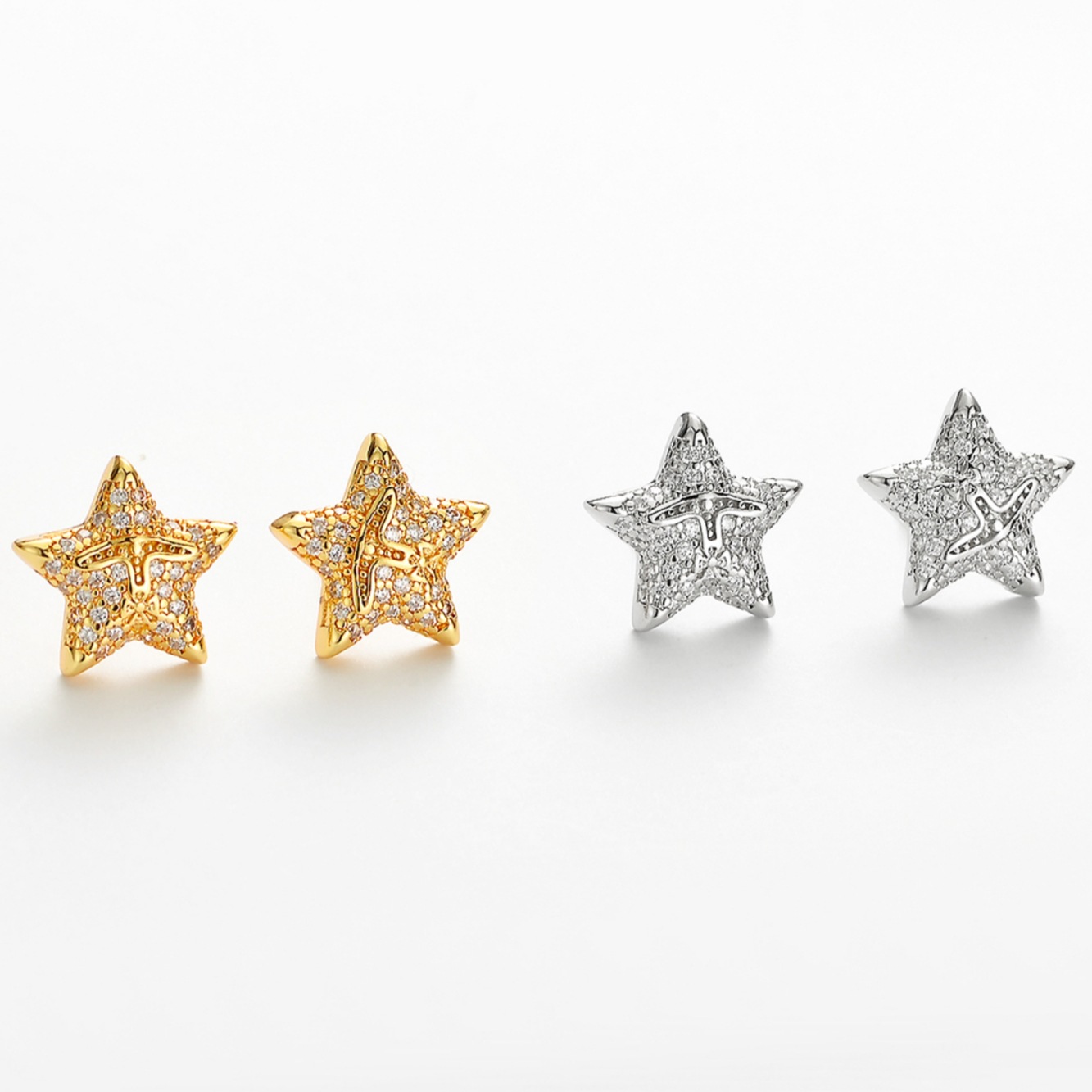 Pentagram Stud Earrings For Women With Copper Posts And Zircon Inlay, Electroplated Gold Plating Process