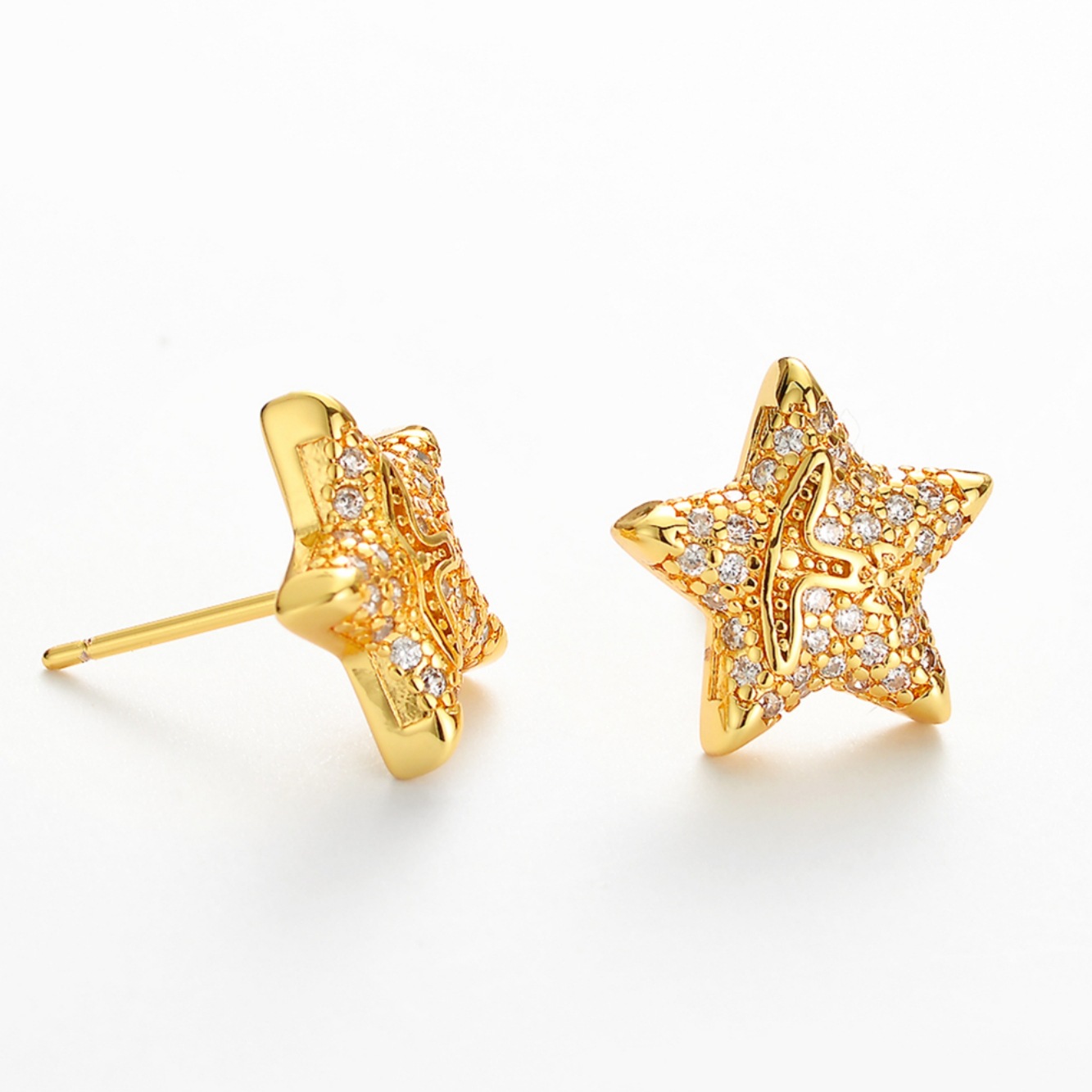 Pentagram Stud Earrings For Women With Copper Posts And Zircon Inlay, Electroplated Gold Plating Process 4