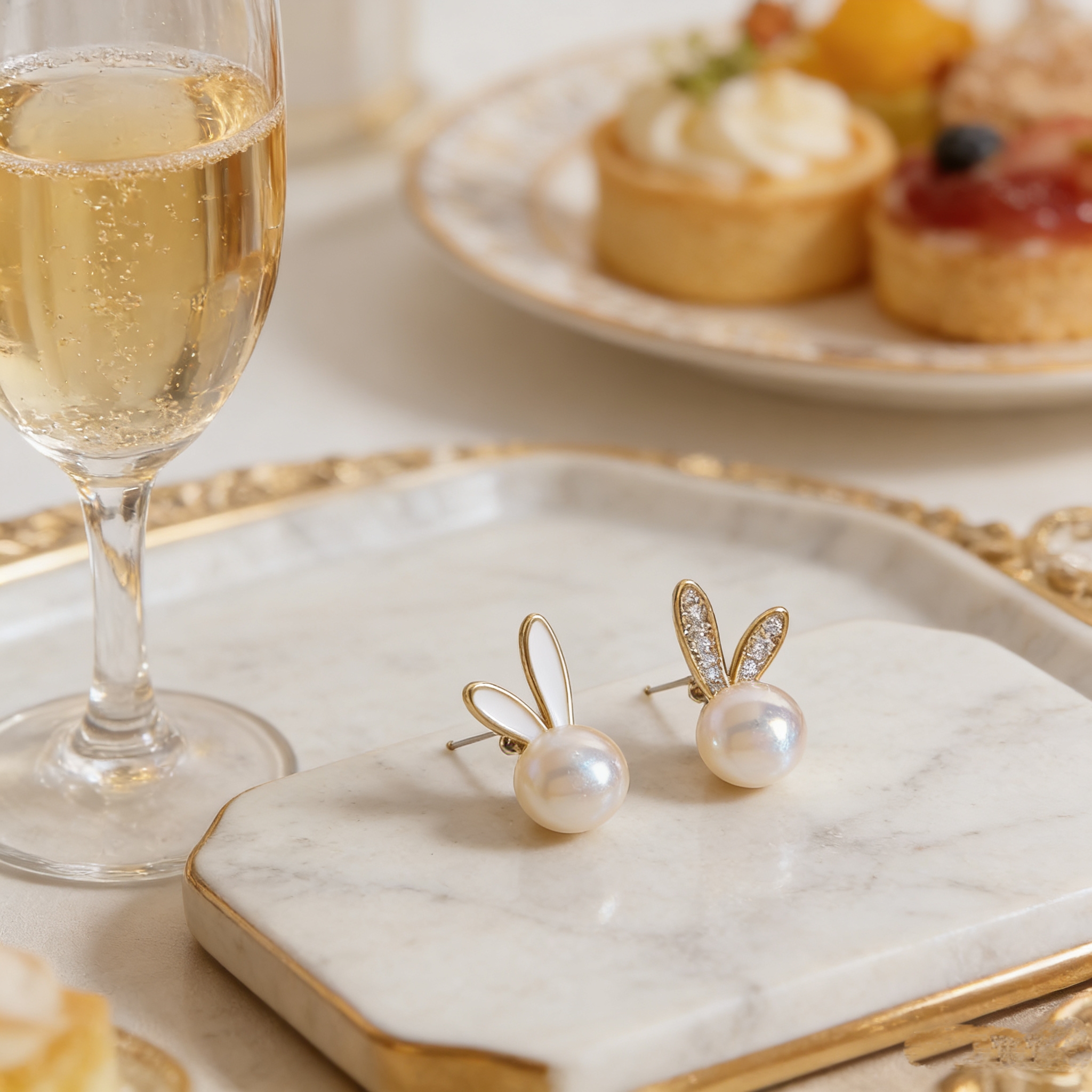 Rabbit Stud Earrings With Bezel Setting In Copper Featuring 14K Real Gold Plating And Zircon Inlay, 0.03µm Water Plating Thickness