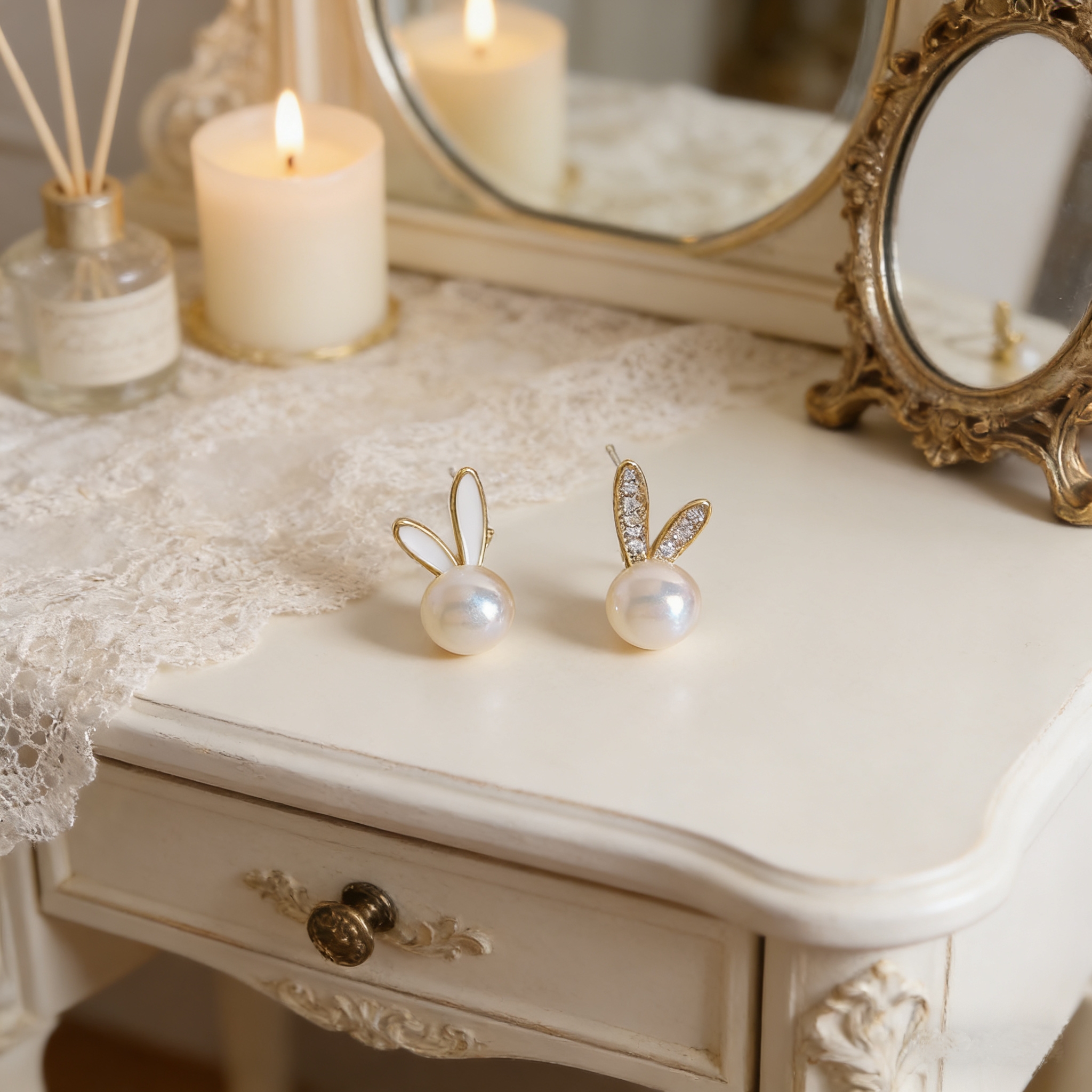 Rabbit Stud Earrings With Bezel Setting In Copper Featuring 14K Real Gold Plating And Zircon Inlay, 0.03µm Water Plating Thickness 2