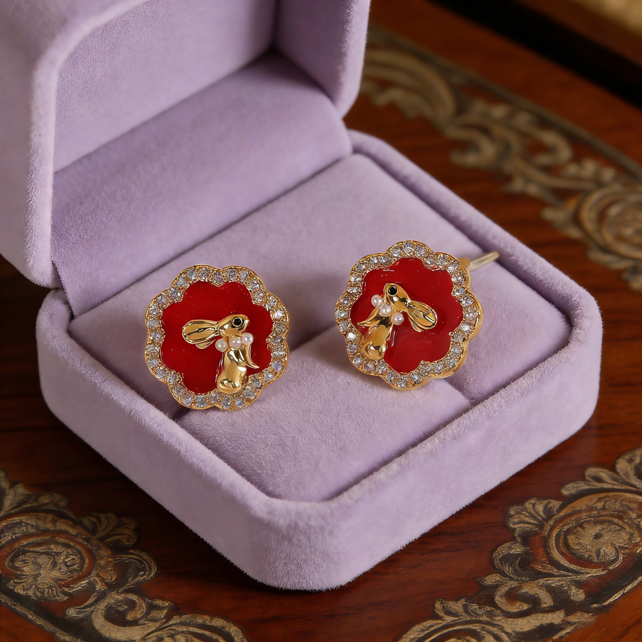 Rabbit Stud Earrings For Women With 16K Real Gold Plated Copper And Zircon Inlay, Featuring Water Plating Spray Paint Craft