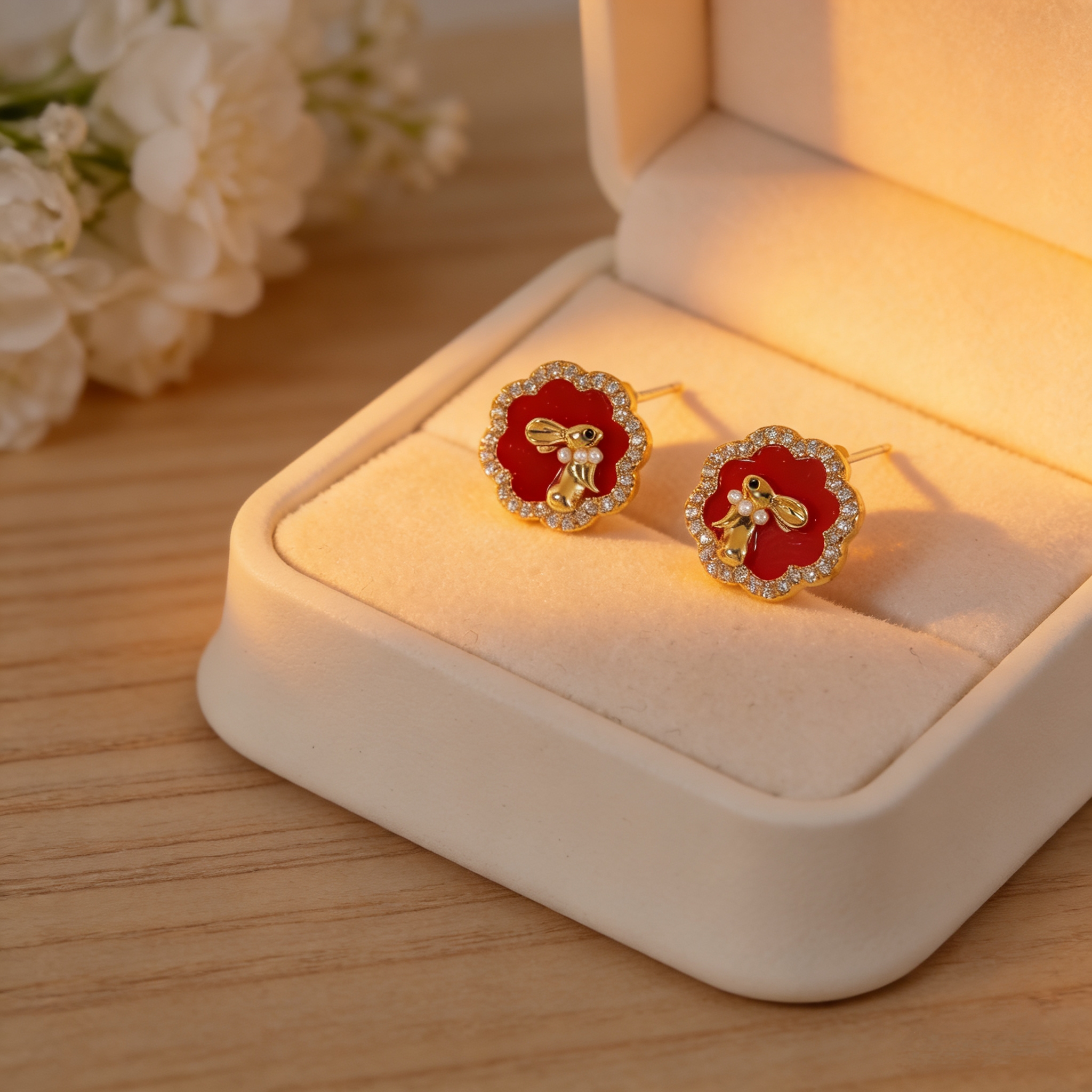 Rabbit Stud Earrings For Women With 16K Real Gold Plated Copper And Zircon Inlay, Featuring Water Plating Spray Paint Craft 3