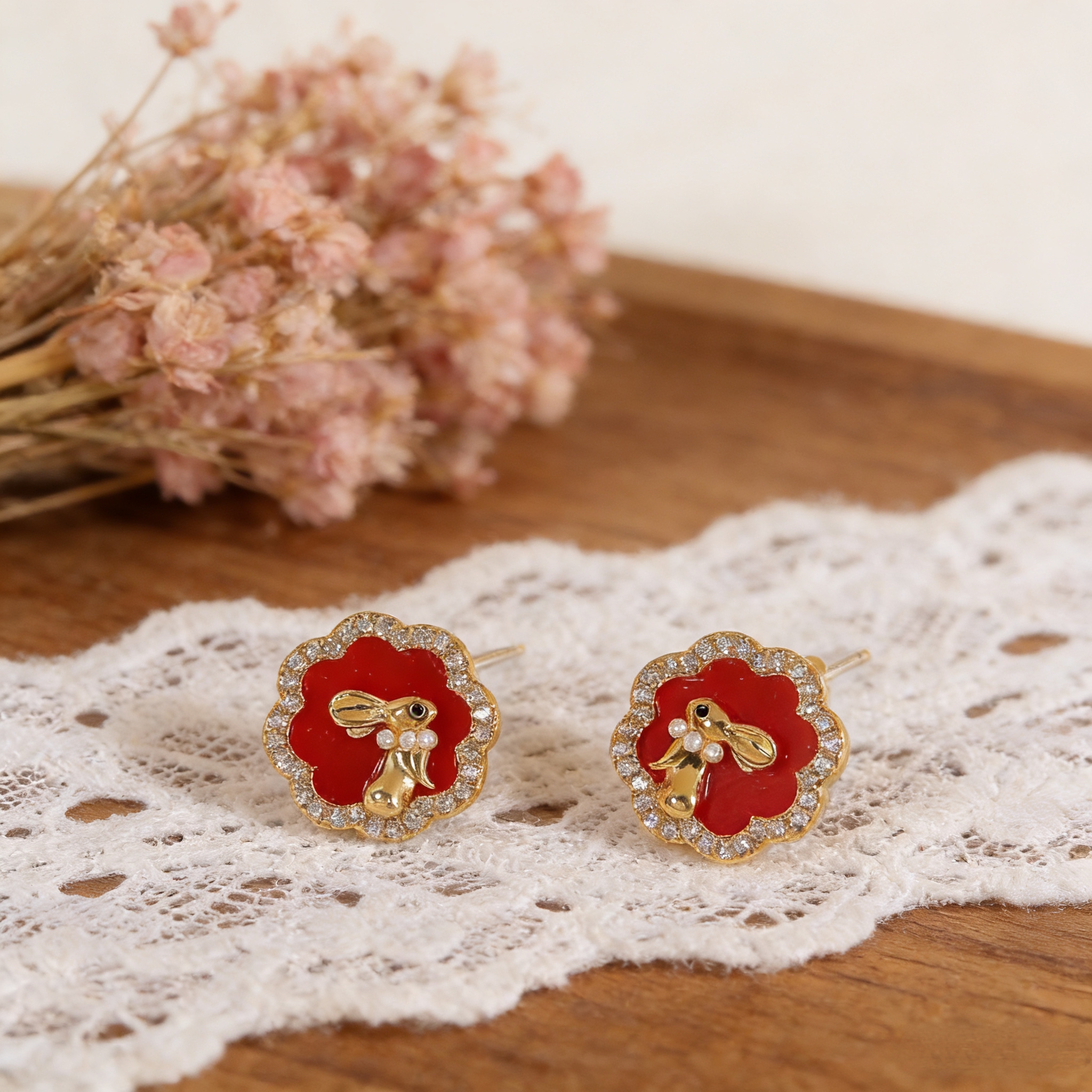 Rabbit Stud Earrings For Women With 16K Real Gold Plated Copper And Zircon Inlay, Featuring Water Plating Spray Paint Craft 4