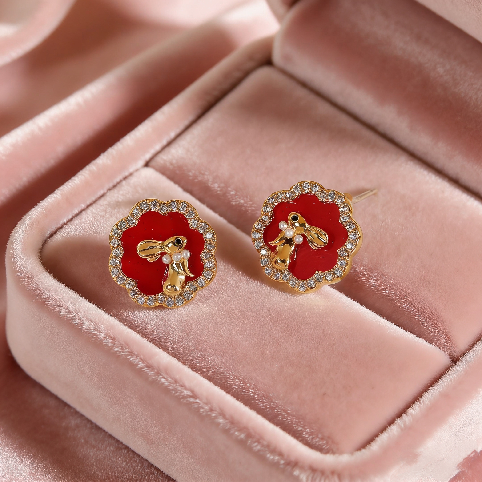 Rabbit Stud Earrings For Women With 16K Real Gold Plated Copper And Zircon Inlay, Featuring Water Plating Spray Paint Craft 6