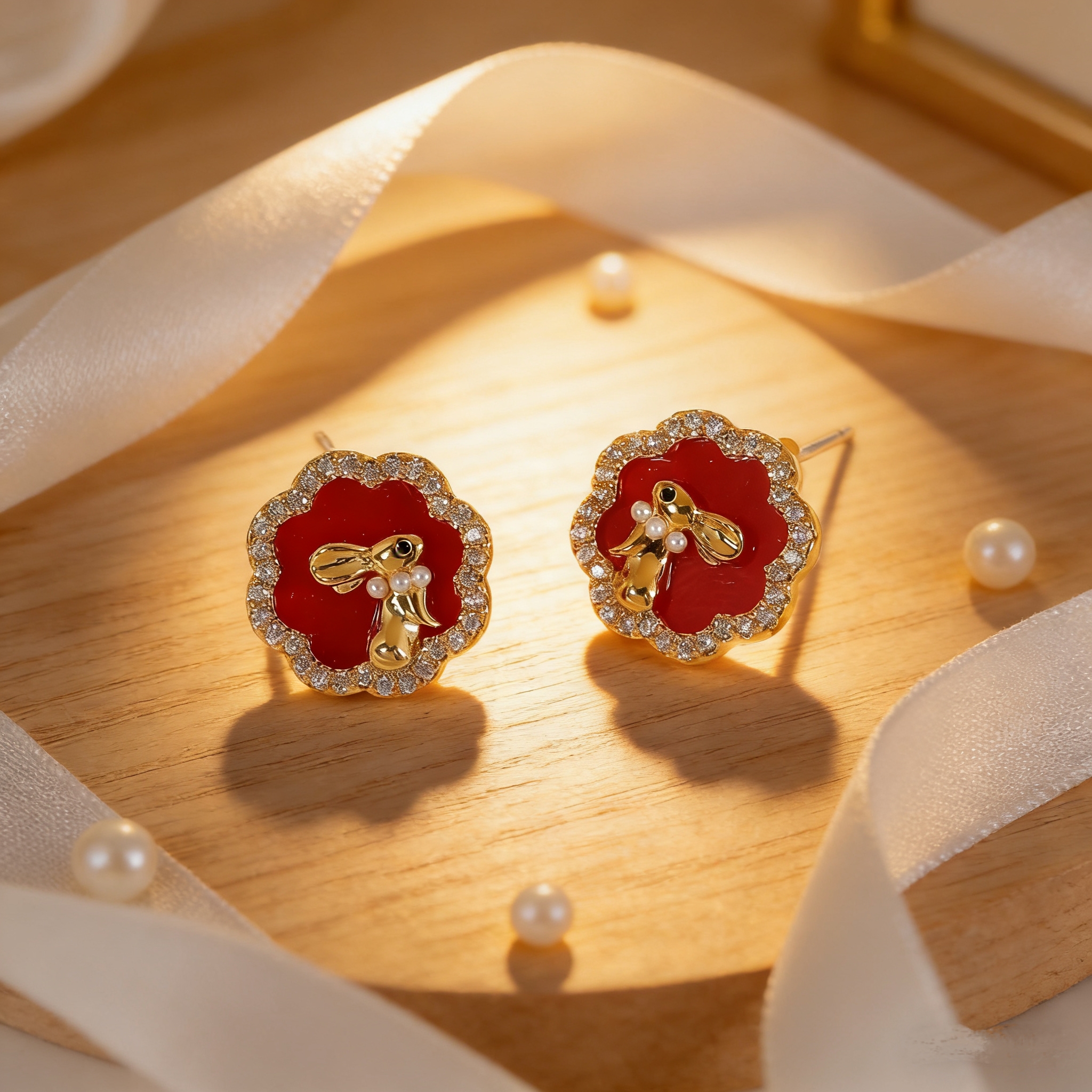 Rabbit Stud Earrings For Women With 16K Real Gold Plated Copper And Zircon Inlay, Featuring Water Plating Spray Paint Craft 7