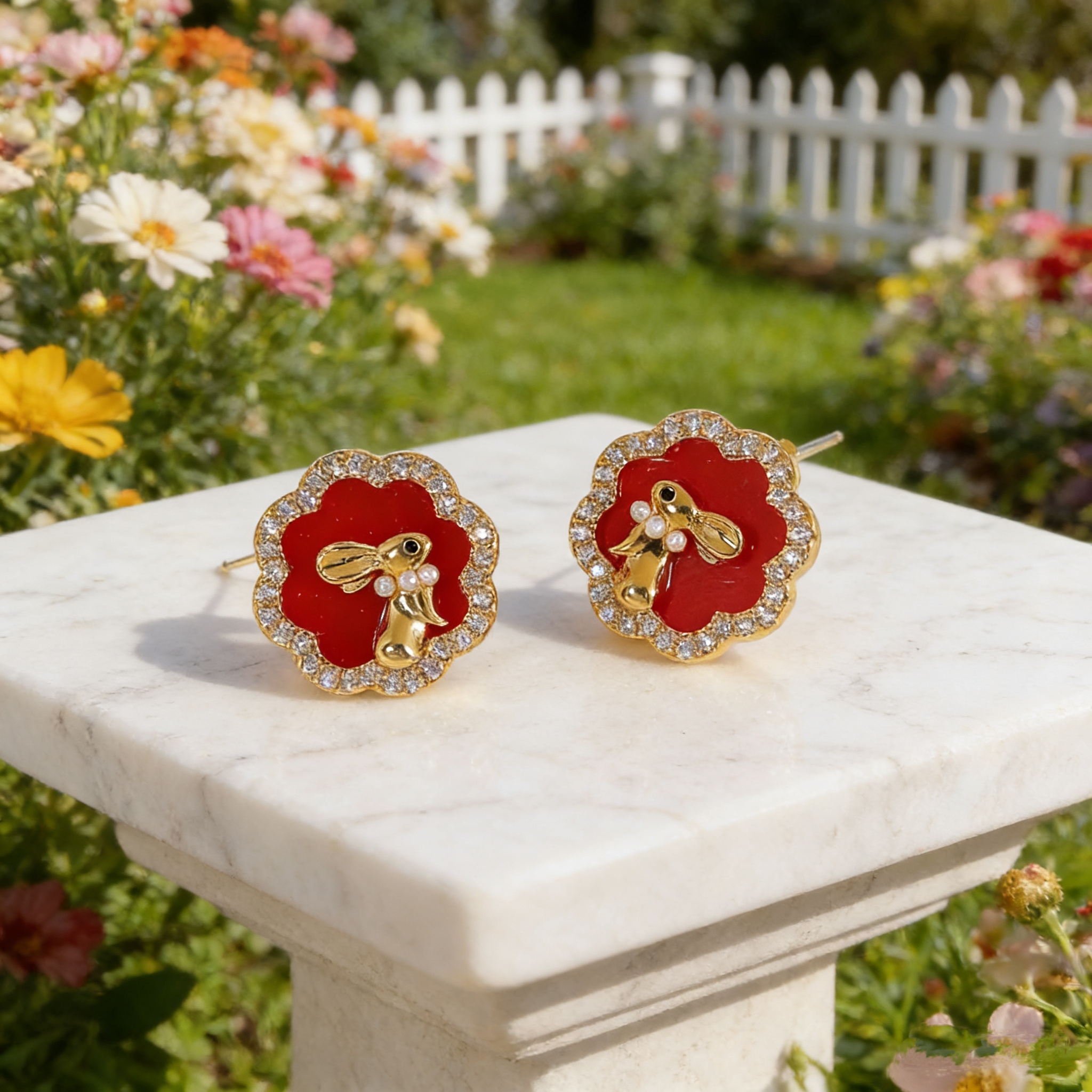 Rabbit Stud Earrings For Women With 16K Real Gold Plated Copper And Zircon Inlay, Featuring Water Plating Spray Paint Craft 8
