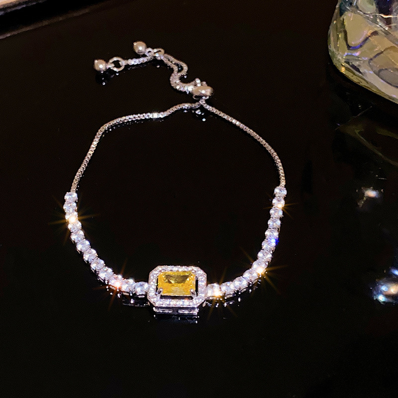 Rectangle Bezel Setting Bracelet For Women With Copper Slider Chain, Electroplated Gold Plating