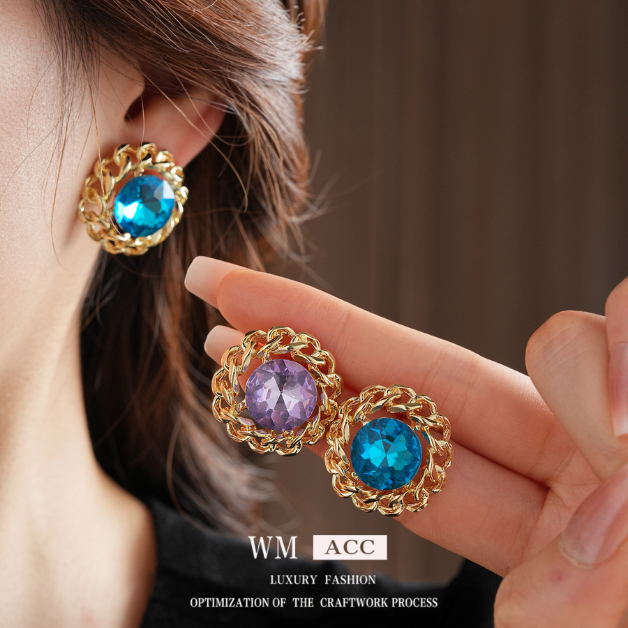 Retro Blue Flower Earrings For Women In Copper With Rhinestone Inlay