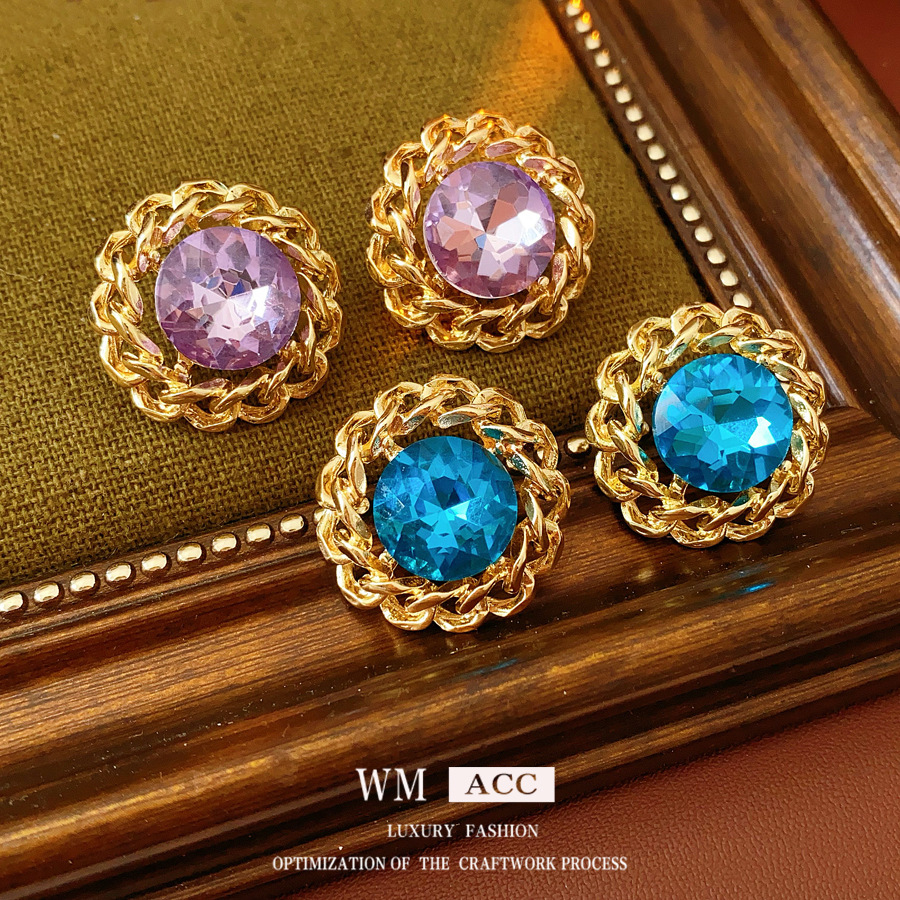 Retro Blue Flower Earrings For Women In Copper With Rhinestone Inlay 2