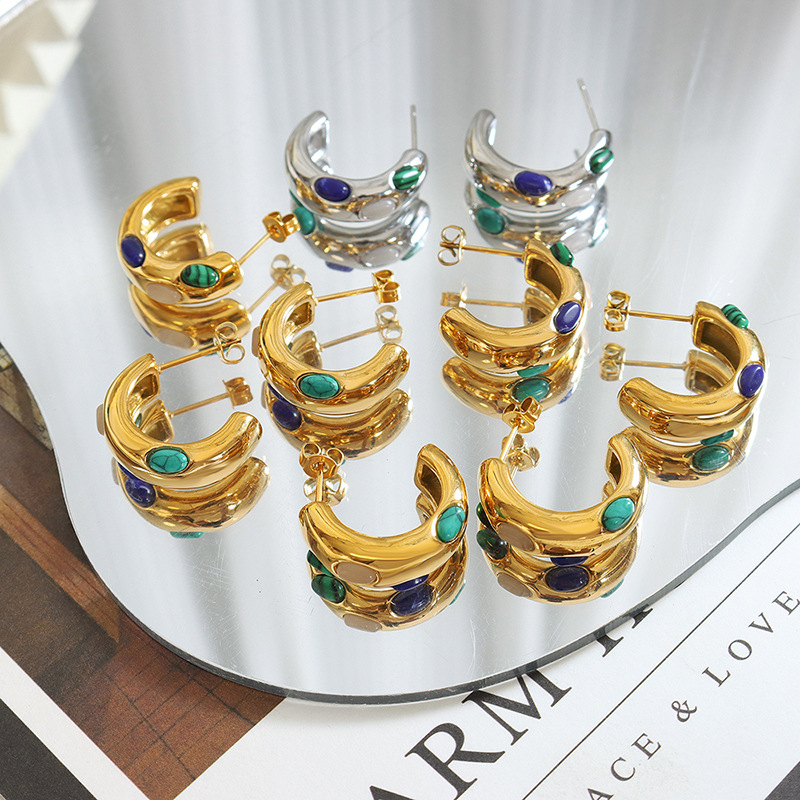 C Shape Earrings For Women, Waterproof Non Tarnish 304 Stainless Steel With Real Gold Plated PVD Coating And Natural Stone Inlay