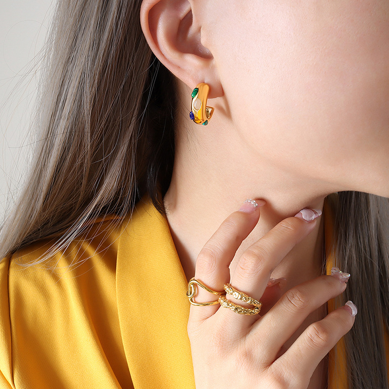 C Shape Earrings For Women, Waterproof Non Tarnish 304 Stainless Steel With Real Gold Plated PVD Coating And Natural Stone Inlay 2