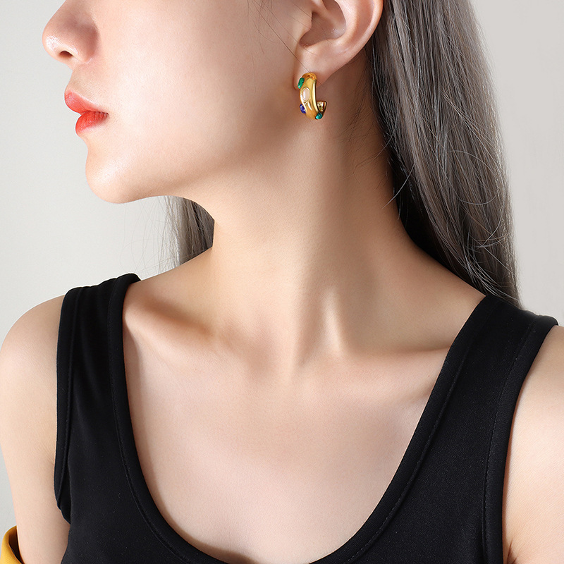 C Shape Earrings For Women, Waterproof Non Tarnish 304 Stainless Steel With Real Gold Plated PVD Coating And Natural Stone Inlay 3