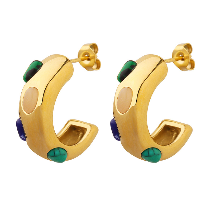 C Shape Earrings For Women, Waterproof Non Tarnish 304 Stainless Steel With Real Gold Plated PVD Coating And Natural Stone Inlay 4