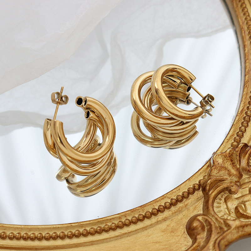 C Shape Earrings For Women, Waterproof Non Tarnish Titanium Steel With Real Gold PVD Coated Plating