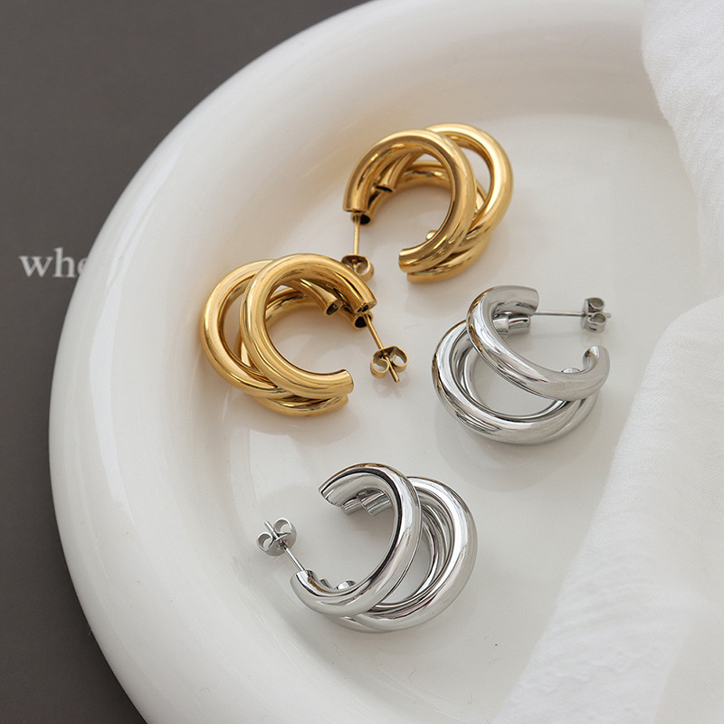 C Shape Earrings For Women, Waterproof Non Tarnish Titanium Steel With Real Gold PVD Coated Plating 5