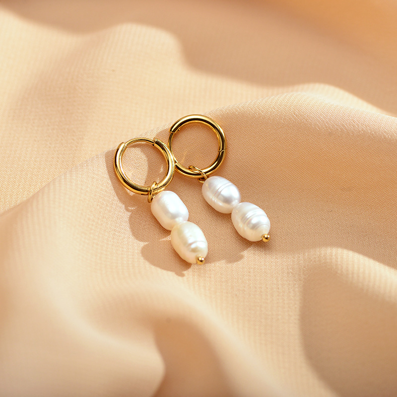 Women’s Printing Inlay Drop Earrings With Artificial Pearl, 18K Real Gold Plated Stainless Steel, PVD Coated