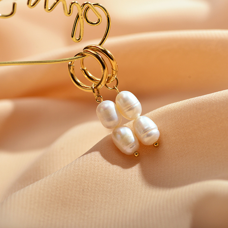 Women’s Printing Inlay Drop Earrings With Artificial Pearl, 18K Real Gold Plated Stainless Steel, PVD Coated 2