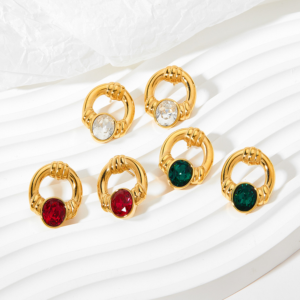 Geometric Inlay Earrings For Women In 304 Stainless Steel With 16K Real Gold Plated PVD Coating And Natural Stone Inlay