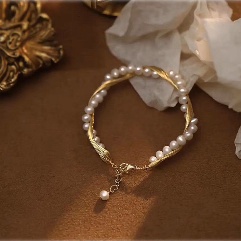 Retro 14k Gold Filled Pearl Bracelets Featuring Freshwater Pearl Weave Design Bangle