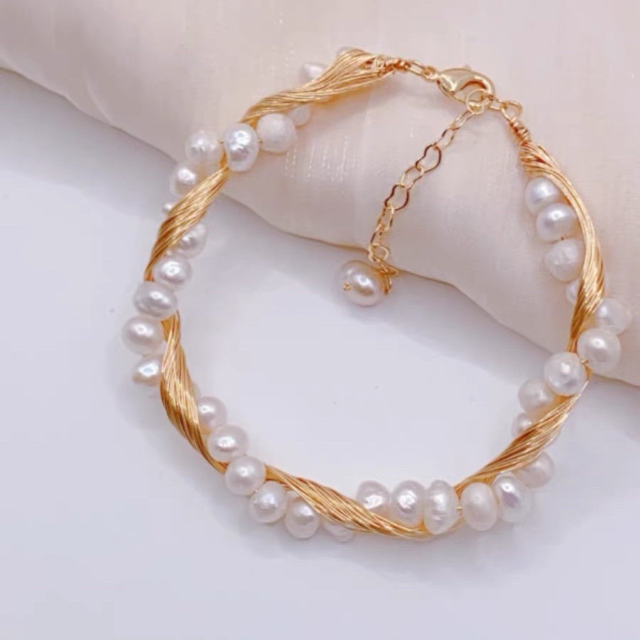 Retro 14k Gold Filled Pearl Bracelets Featuring Freshwater Pearl Weave Design Bangle 2