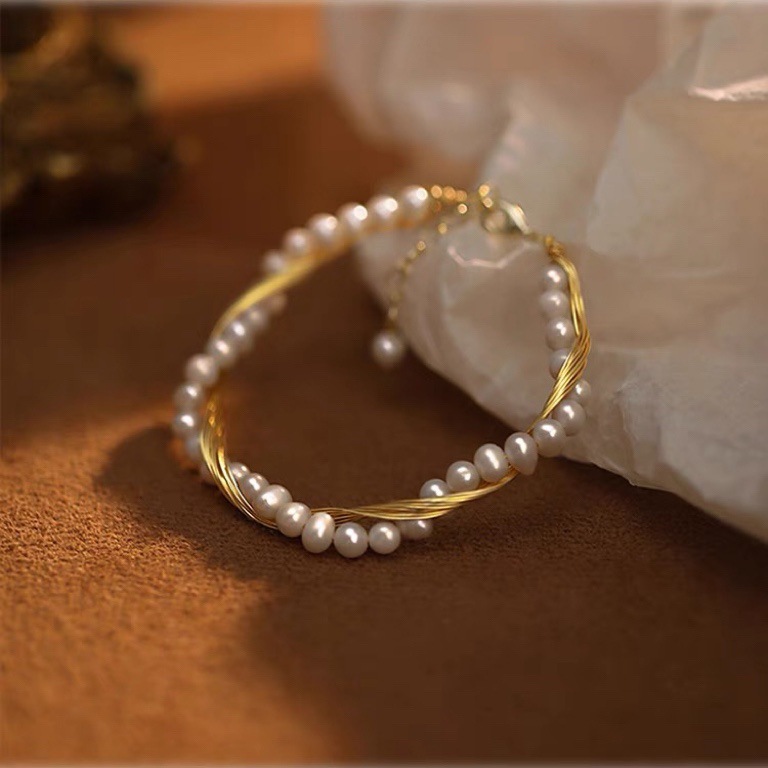 Retro 14k Gold Filled Pearl Bracelets Featuring Freshwater Pearl Weave Design Bangle 3