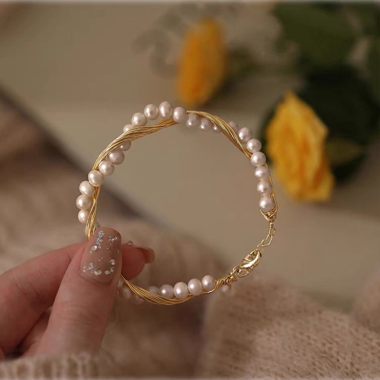 Retro 14k Gold Filled Pearl Bracelets Featuring Freshwater Pearl Weave Design Bangle 4