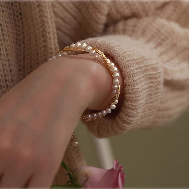 Retro 14k Gold Filled Pearl Bracelets Featuring Freshwater Pearl Weave Design Bangle 5