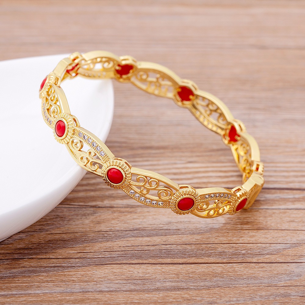 Retro Red Floral Copper Bangle For Women With 18K Real Gold Plated And Zircon Inlay