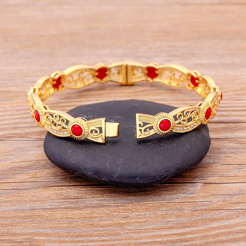 Retro Red Floral Copper Bangle For Women With 18K Real Gold Plated And Zircon Inlay 3