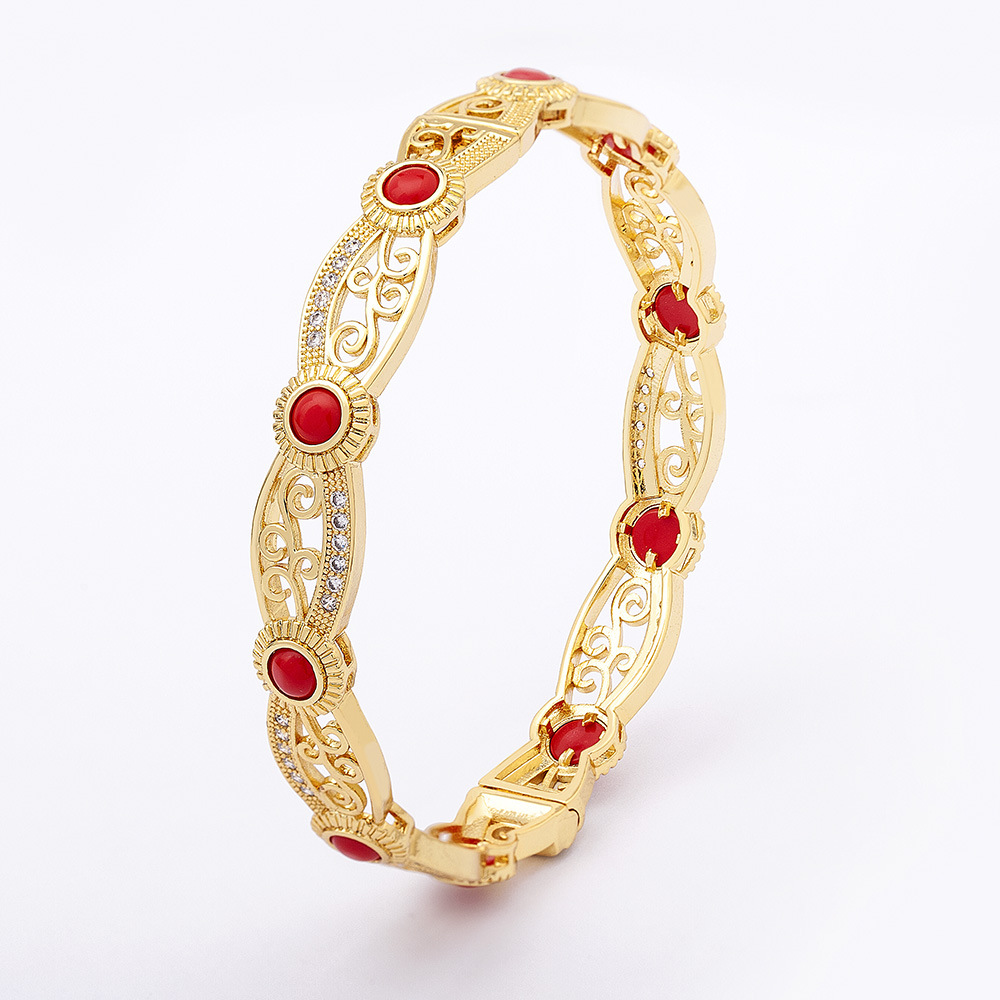 Retro Red Floral Copper Bangle For Women With 18K Real Gold Plated And Zircon Inlay 5