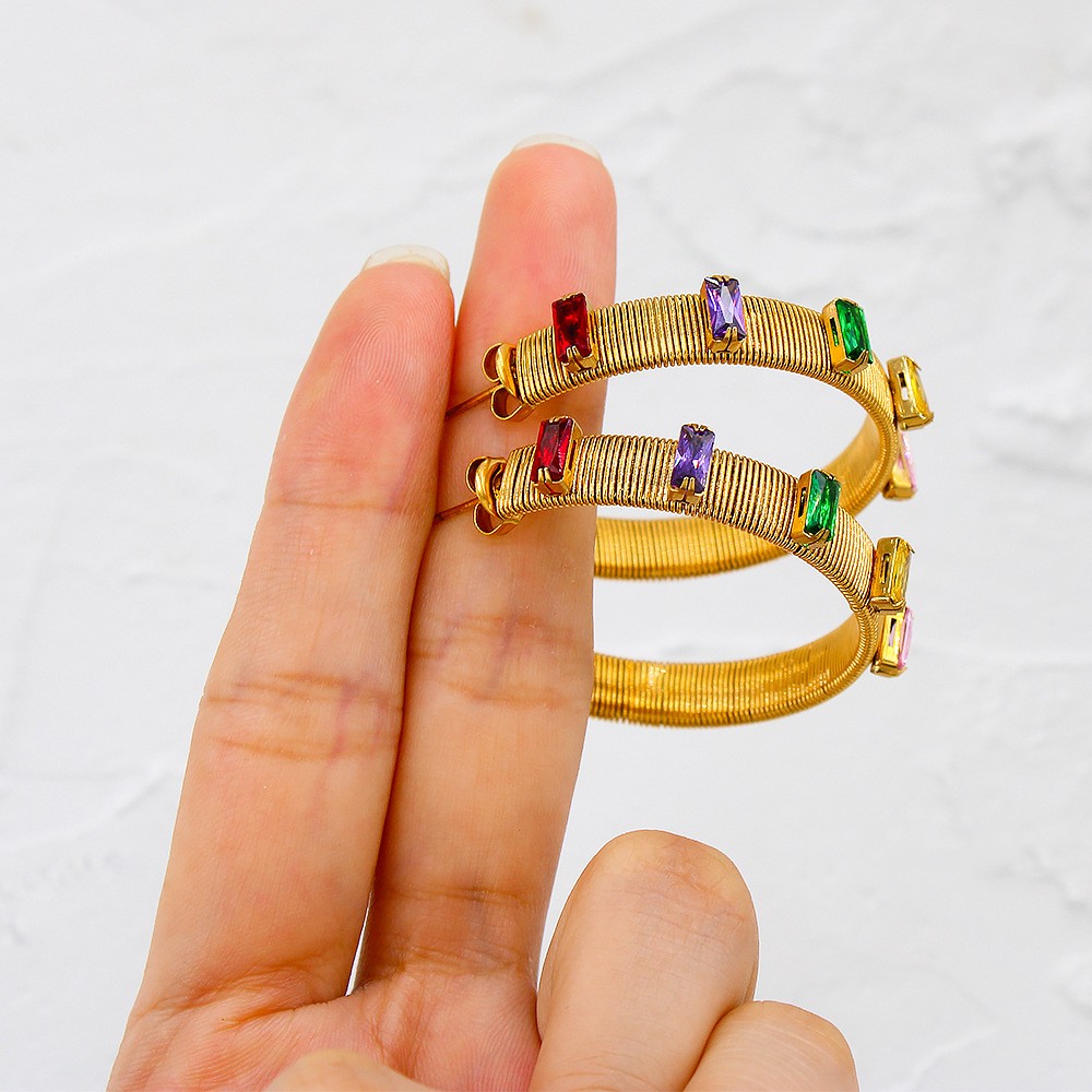 Geometric Earrings For Women, 1 Pair Stainless Steel Earrings Featuring Electroplated Design With Zircon Inlay 2