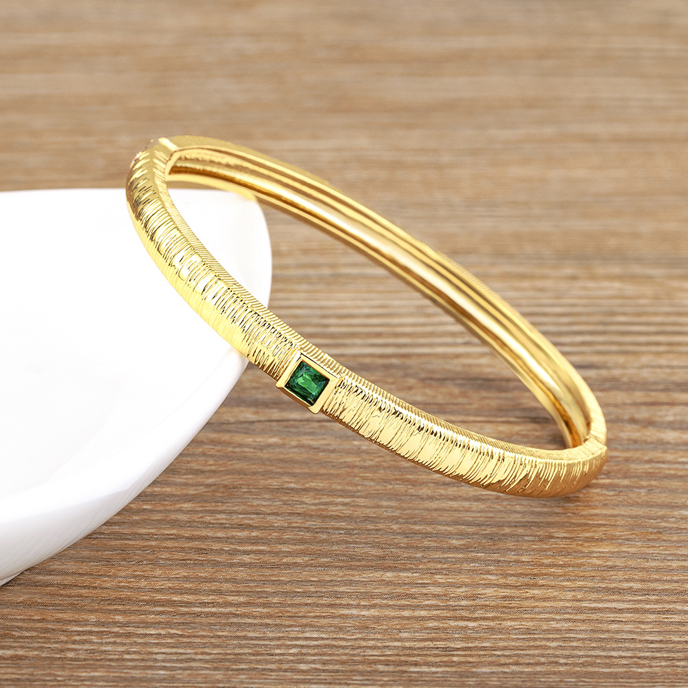Retro Stripe Bangle In 18K Real Gold Plated Copper Featuring Electroplated Finish With Zircon Inlay