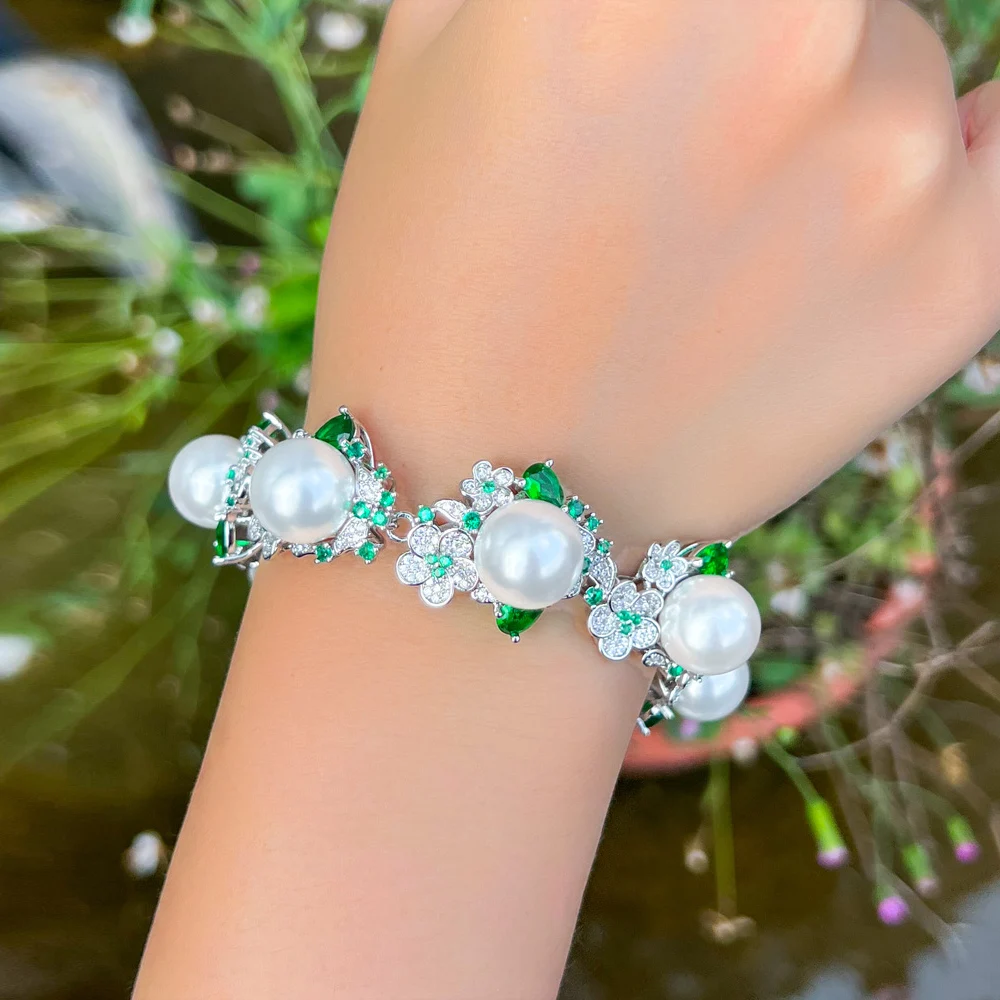Rhodium-plated Copper Material Water Plated White Gold Zirconia Pearl Flower Women's Tennis Chain Bracelet (Jewelry) Waterproof Non-fading For Women