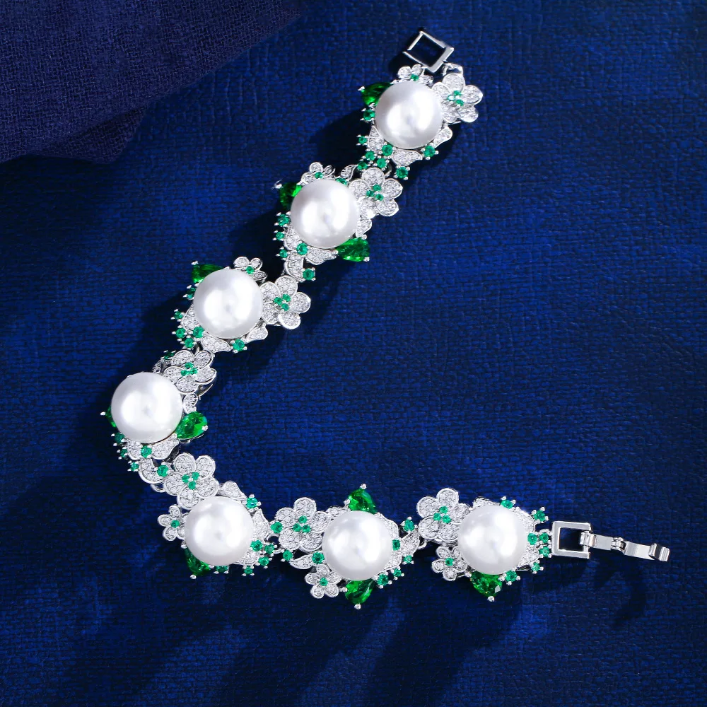 Rhodium-plated Copper Material Water Plated White Gold Zirconia Pearl Flower Women's Tennis Chain Bracelet (Jewelry) Waterproof Non-fading For Women 3