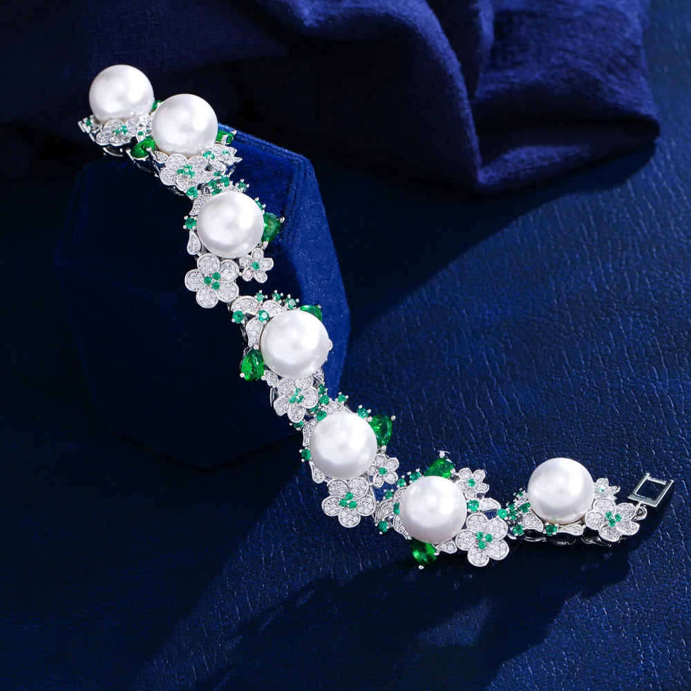 Rhodium-plated Copper Material Water Plated White Gold Zirconia Pearl Flower Women's Tennis Chain Bracelet (Jewelry) Waterproof Non-fading For Women 4