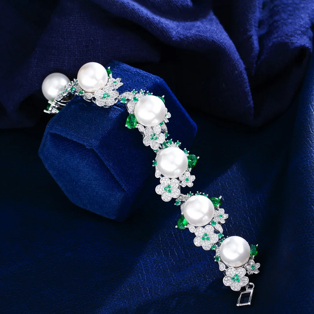 Rhodium-plated Copper Material Water Plated White Gold Zirconia Pearl Flower Women's Tennis Chain Bracelet (Jewelry) Waterproof Non-fading For Women 5