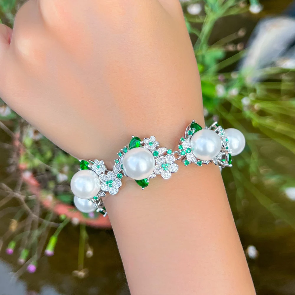 Rhodium-plated Copper Material Water Plated White Gold Zirconia Pearl Flower Women's Tennis Chain Bracelet (Jewelry) Waterproof Non-fading For Women 6