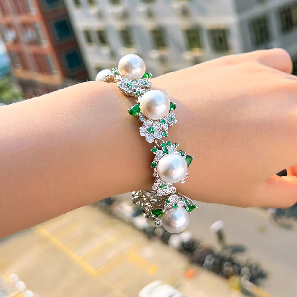 Rhodium-plated Copper Material Water Plated White Gold Zirconia Pearl Flower Women's Tennis Chain Bracelet (Jewelry) Waterproof Non-fading For Women 7