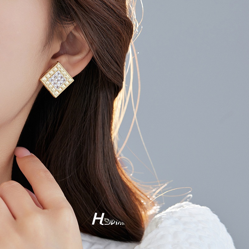 Rhombus Stud Earrings For Women With 925 Sterling Silver Posts, Copper Base, Electroplated 14K Real Gold, And Zircon Inlay