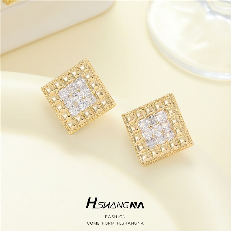 Rhombus Stud Earrings For Women With 925 Sterling Silver Posts, Copper Base, Electroplated 14K Real Gold, And Zircon Inlay 2